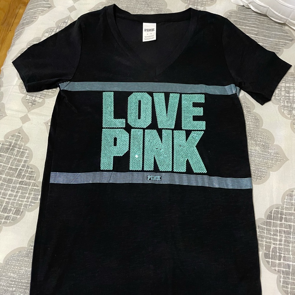 Sequin Victoria Secret Pink Black Tee-Shirt
